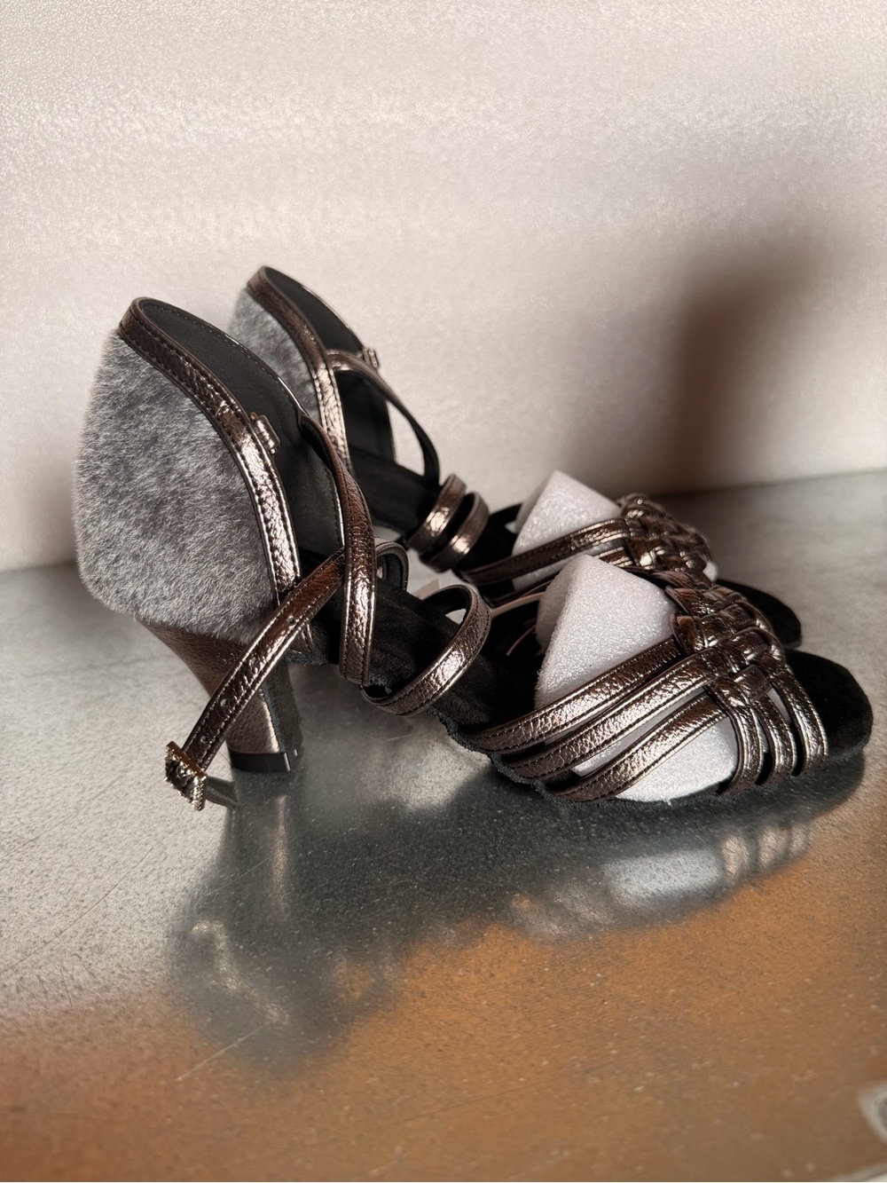 Metallic Brown Strappy Heeled Sandals with Fur Accent